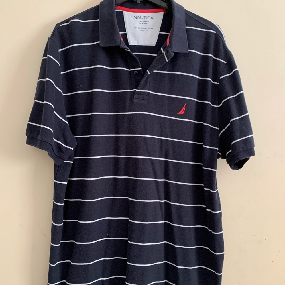 Blue and white polo shirt